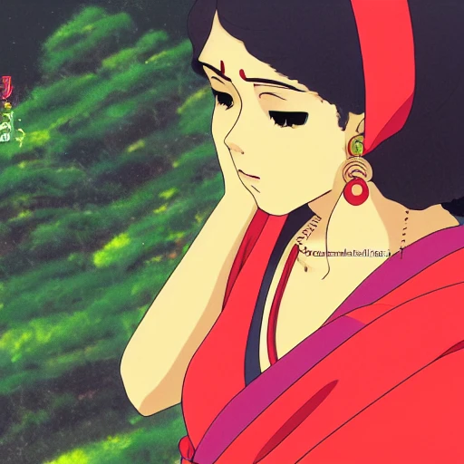 Anime Key shot, fine details Potrait, a tamil lady wearing Red saree, weeping, green meadows, in studio Ghibli style, illustration, anime masterpiece smooth, intricate, highly detailed, dream like, dream land, fantasy