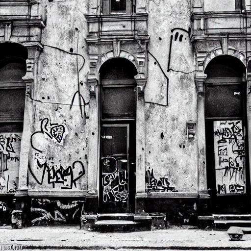 black and white, photo, in old montreal 1960's, graffiti, old building, hyper detailed, 8k resolution, cinamatic lighting