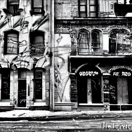 black and white, photo, in old montreal 1960's, graffiti, old building, hyper detailed, 8k resolution, cinamatic lighting