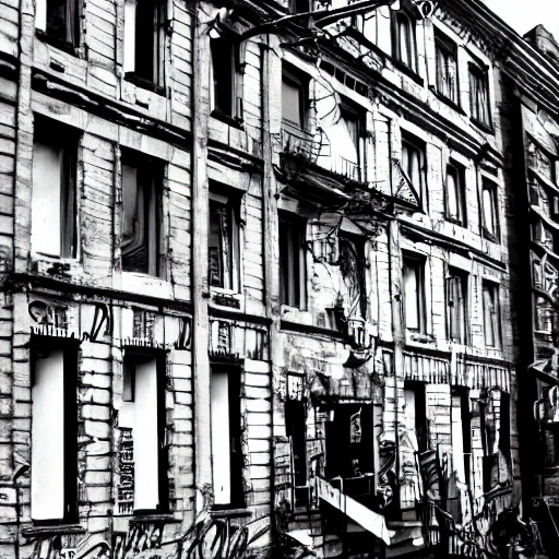 black and white, photo, old montreal 1960's, city, graffiti, old building, hyper detailed, 8k resolution, cinamatic lighting