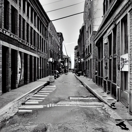 black and white, photo, old montreal 1960's, city street, graffiti, old building, hyper detailed, 8k resolution, cinamatic lighting