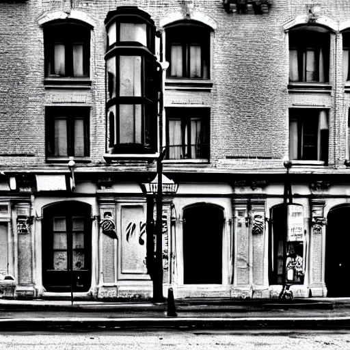 black and white, photo, old montreal 1960's, city street, graffiti, old building, hyper detailed, 8k resolution, cinamatic lighting