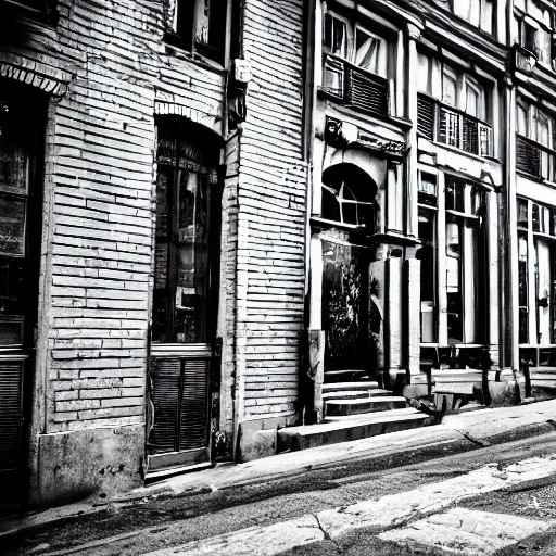 black and white, photo, old montreal 1960's, city street, graffiti, old building, hyper detailed, 8k resolution, cinamatic lighting