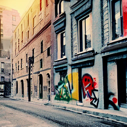 surrealiste photo, old montreal 1960's, city street, graffiti, old building, hyper detailed, 8k resolution, cinamatic lighting, sunset