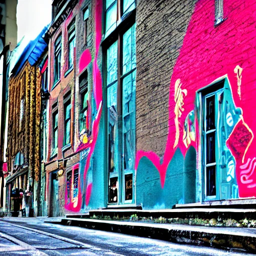 surrealiste photo, old montreal 1960's, city street, graffiti, old building, five roses building, hyper detailed, 8k resolution, cinamatic lighting, sunset