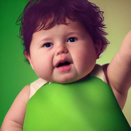 ultra realistic photography portrait of a combination of [[[green Hulk]]] as a cute chubby baby, chubby cheeks, wearing  baggy bib and diapers,  professional, 8k looking into camera, Digital Art, Concept Art, Close-up, HD, Beautiful Lighting, Sad, Octane Render
