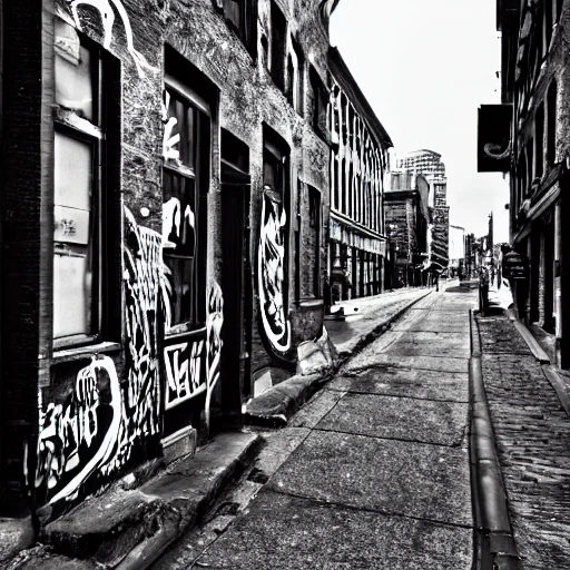 black and white, photo, old montreal 1960's, city street, graffiti, old building, hyper detailed, 8k resolution, cinamatic lighting