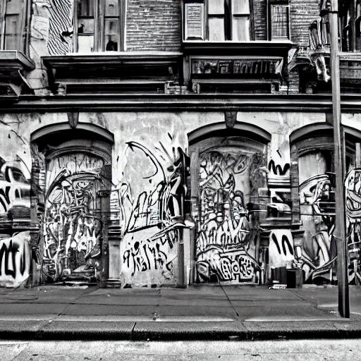 black and white, photo, old montreal 1960's, city street, graffiti, old building, industria, hyper detailed, 8k resolution, cinamatic lighting