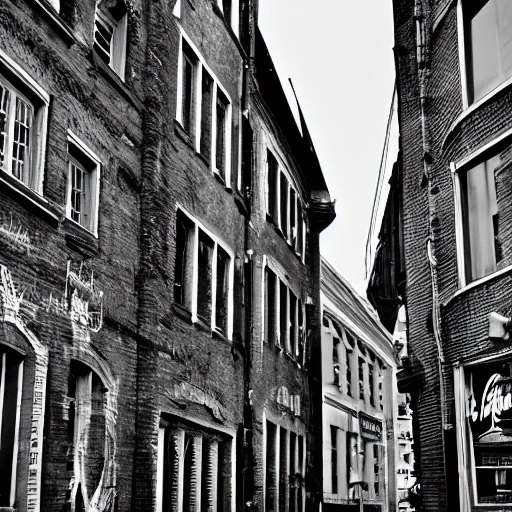 black and white, photo, old montreal 1960's, city street, graffiti, old building, industria, hyper detailed, 8k resolution, cinamatic lighting