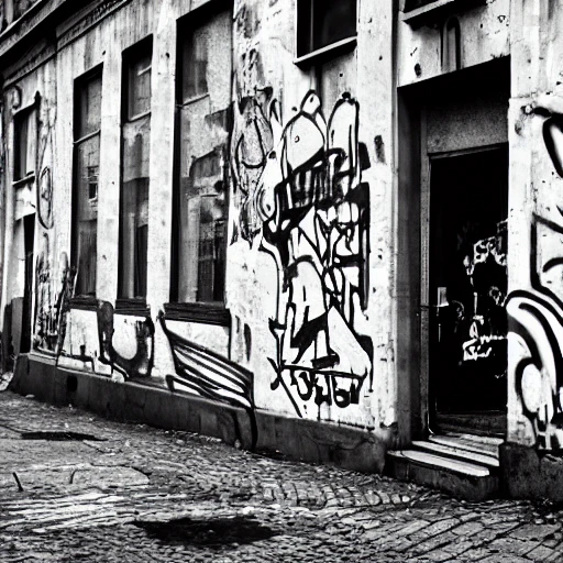 black and white, photo, old montreal 1960's, city street, graffiti, old building, hyper detailed, 8k resolution, cinamatic lighting