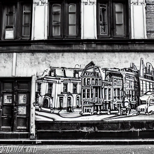 black and white, wide photo, old montreal 1960's, city street, graffiti, old building, hyper detailed, 8k resolution, cinamatic lighting