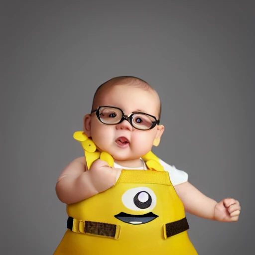 ultra realistic photography portrait of a combination of [[[yellow minion]]] as a cute chubby baby, chubby cheeks, wearing  baggy bib and diapers,  professional, 8k looking into camera, Digital Art, Concept Art, Close-up, HD, Beautiful Lighting, Sad, Octane Render
