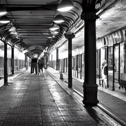 black and white, photo, old montreal 1960's, city street, old industrial building, subway station, hyper detailed, 8k resolution, cinamatic lighting