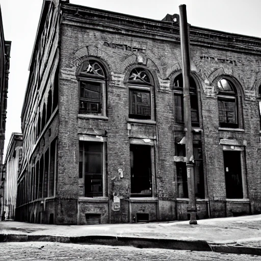 black and white, photo, old montreal 1960's, city street, old industrial building, hyper detailed, 8k resolution, cinamatic lighting