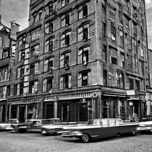 photo, old montreal 1960's, city street, old industrial building, hyper detailed, 8k resolution, cinamatic lighting