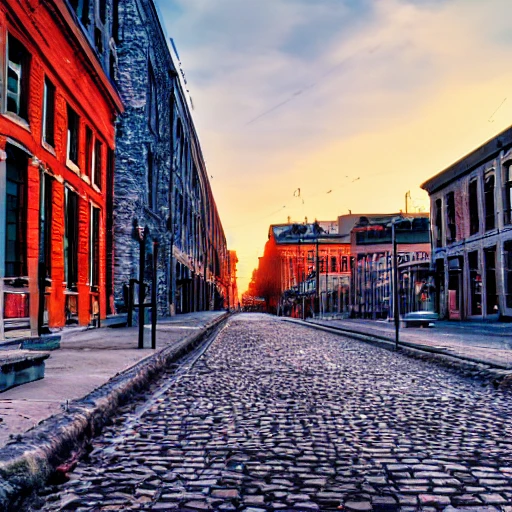 photo, old montreal 1960's, city street, old industrial building, hyper detailed, 8k resolution, cinamatic lighting, at the sunset