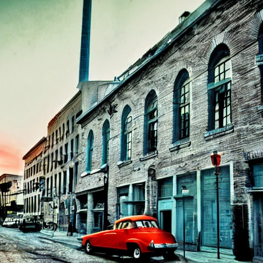 hyper realistic photo, old montreal 1960's, city street, old industrial building, hyper detailed, 8k resolution, cinamatic lighting, at the sunset, sky blue