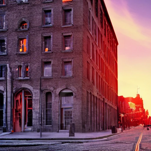 hyper realistic photo, sunset, old montreal 1960's, city street, old industrial building, hyper detailed, 8k resolution, cinamatic lighting