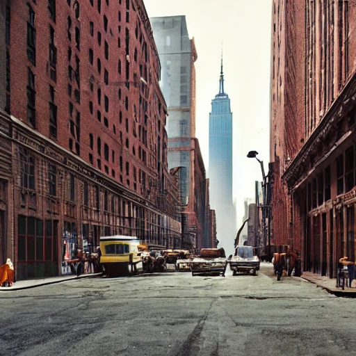 hyper realistic photo, new-york at 1960's, city street, old industrial building, hyper detailed, 8k resolution, cinamatic lighting