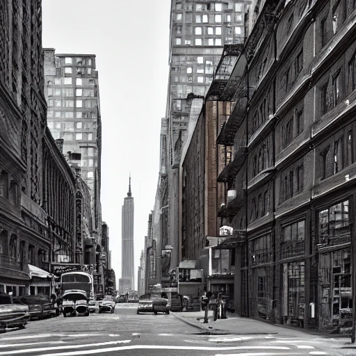 hyper realistic photo, new-york at 1960's, city street, old industrial building, hyper detailed, 8k resolution, cinamatic lighting