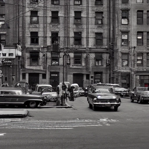 hyper realistic photo, new-york at 1960's, city street, old industrial building, hyper detailed, 8k resolution