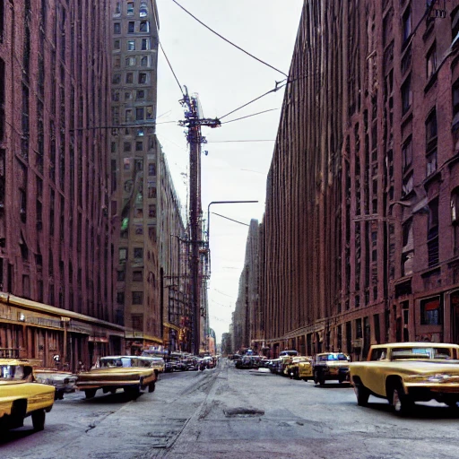 hyper realistic photo color, new-york at 1960's, city street, old industrial building, hyper detailed, 8k resolution