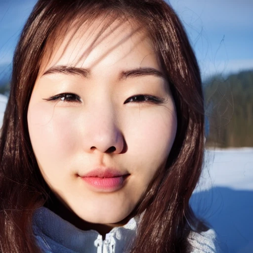a beautiful korean lady in the canadian wilderness , detailed facial features
