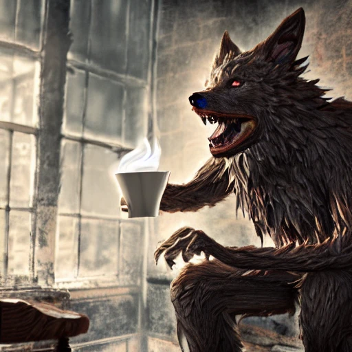 A epic and beautiful rococo werewolf drinking coffee, in a burning coffee shop. ultra-detailed. anime, pixiv, uhd 8k cryengine, octane render