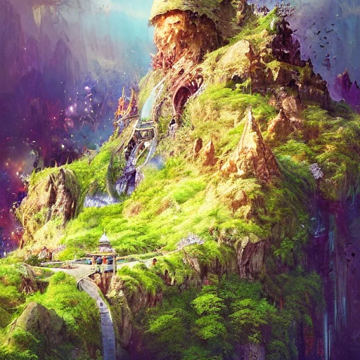 majestic castle on an epic and colorful tall Lush mountain by the sea" a breathtaking artwork by Jeff Koons, Yoshitaka Amano, Jean Baptiste Monge, Ruan Jia, Ismail Inceoglu, maximaliste, bird's eye view, Epic scale, hyper detailed and intricate, clear environment, golden hour 8k resolution, trending on artstation