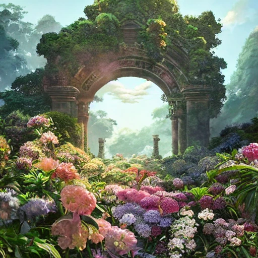 Gateway to heaven covered by enormous flowers, plants and wines by Ismail Inceoglu and Studio Ghibli, ancient ruins alien architecture, tropical, Highly detailed, old,triadic colors 8 k, anime art style, cover art, dramatic scene Octane Render made by Studio Ghibli, great detail of depth, exceptional lighting