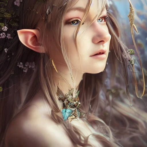 Angelic Elf Girl Portrait by wlop and Mandy Jurgens, Photograph Taken on Nikon D750, Intricate, Elegant, Digital Illustration, Scenic, Hyper-Realistic, 8k resolution, hyperdetailed digital illustration, maximalist intricate, ethereal mythical fantasy, 3d render, sensual symmetric face