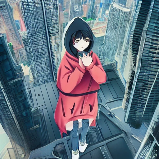 Anime Girl With Oversized Hoodie standing on top of a tall build ...