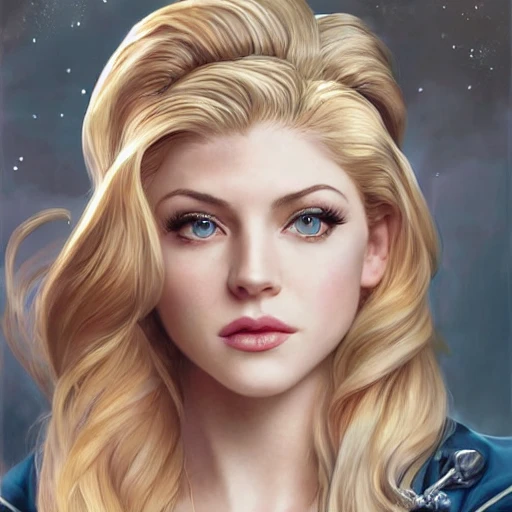 A combination of Katheryn Winnick's and Grace Kelly's and Katherine McNamara's faces with blonde hair as Sailor Moon, western, D&D, fantasy, intricate, elegant, highly detailed, digital painting, artstation, concept art, matte, sharp focus, illustration, art by Artgerm and Greg Rutkowski and Alphonse Mucha