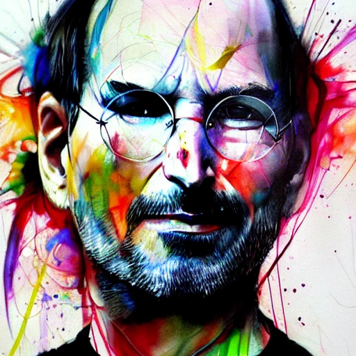 colourful painting of steve jobs by Agnes Cecile and Patrice Murciano, colour splashes, black lines,