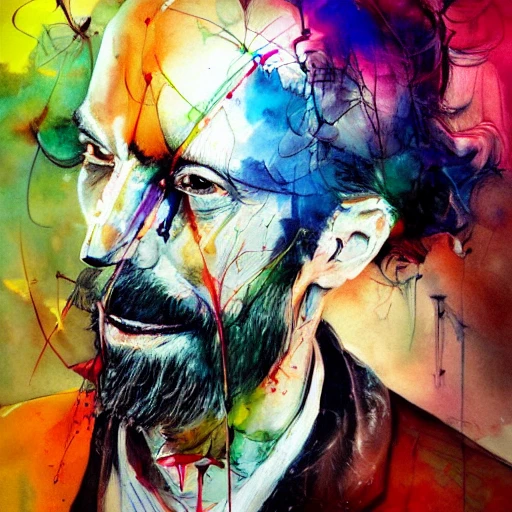 colourful painting of Don Quixote by Agnes Cecile and Patrice Murciano, colour splashes, black lines,