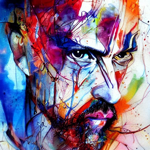 colourful painting of Don Quixote by Agnes Cecile and Patrice Murciano, colour splashes, black lines,