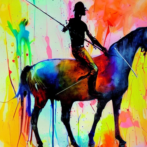 colourful painting of a Tall and thin knight on horseback with a spear by Agnes Cecile and Patrice Murciano, colour splashes, black lines,