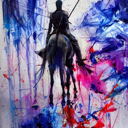 colourful painting of a Tall and thin knight on horseback with a spear by Agnes Cecile and Patrice Murciano, colour splashes, black lines,