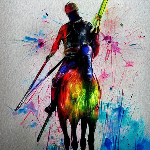 colourful painting of a Tall and thin knight on horseback with a spear by Agnes Cecile and Patrice Murciano, colour splashes, black lines,