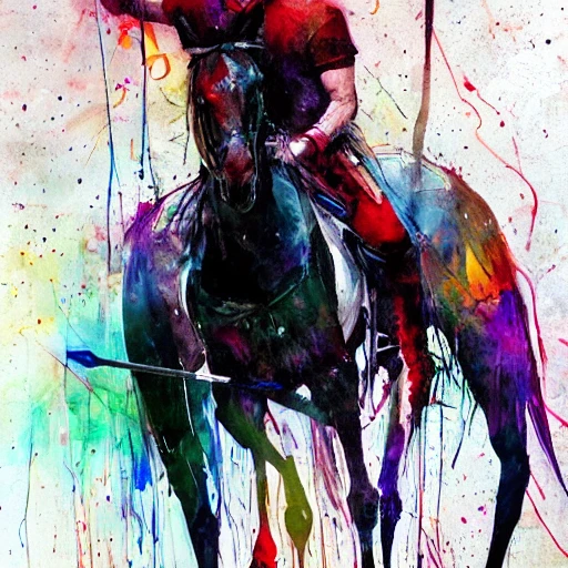 colourful painting of a Tall and thin knight on horseback with a spear by Agnes Cecile and Patrice Murciano, colour splashes, black lines,