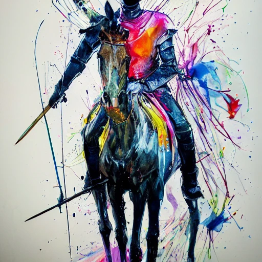 colourful painting of a Tall and thin knight on horseback with a spear by Agnes Cecile and Patrice Murciano, colour splashes, black lines, A small part of the screen