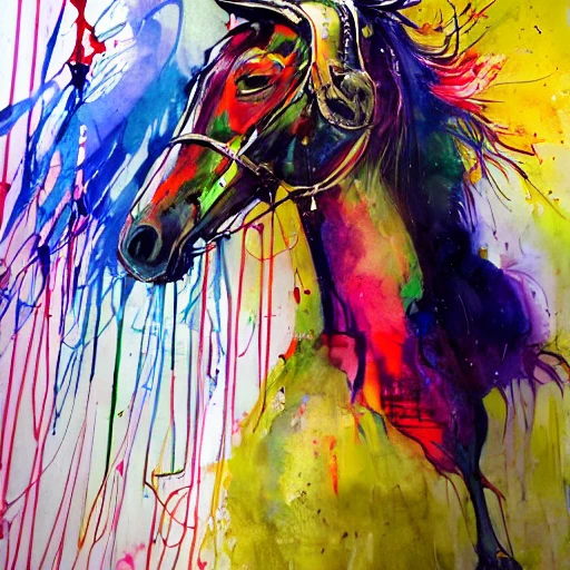 colourful painting of a Tall and thin knight on horseback with a spear by Agnes Cecile and Patrice Murciano, colour splashes, black lines, A small part of the screen