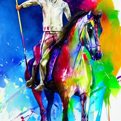 colourful painting of a Tall and thin knight on horseback with a spear by Agnes Cecile and Patrice Murciano, colour splashes, black lines, A small part of the screen