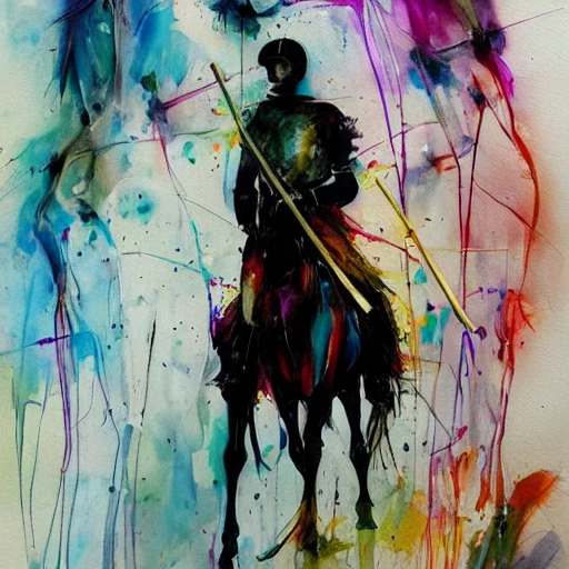 colourful painting of a Tall and thin knight on horseback with a spear by Agnes Cecile and Patrice Murciano, colour splashes, black lines