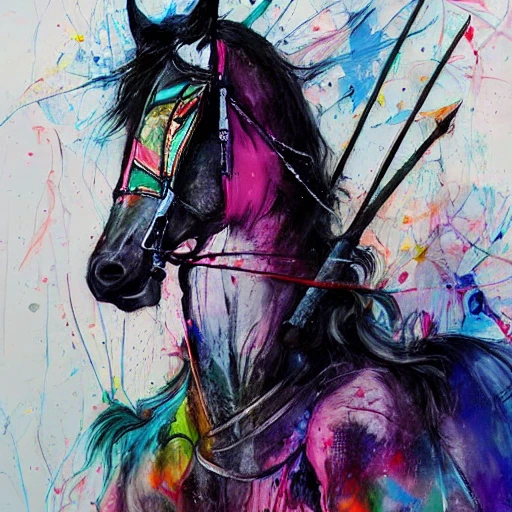 colourful painting of a Tall and thin knight on horseback with a spear by Agnes Cecile and Patrice Murciano, colour splashes, black lines,