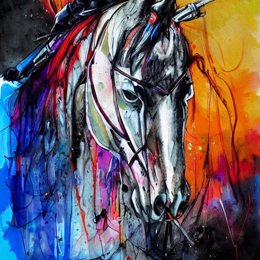 colourful painting of a Tall and thin knight on horseback with a spear by Agnes Cecile and Patrice Murciano, colour splashes, black lines,