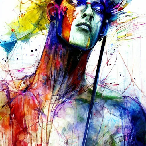 colourful painting of a Tall and thin knight on horseback with a spear by Agnes Cecile and Patrice Murciano, colour splashes, black lines,