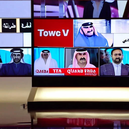 TV screen of news program, Reporting from Qatar, logo in the red line on lower third, CGI, Detailed and Intricate