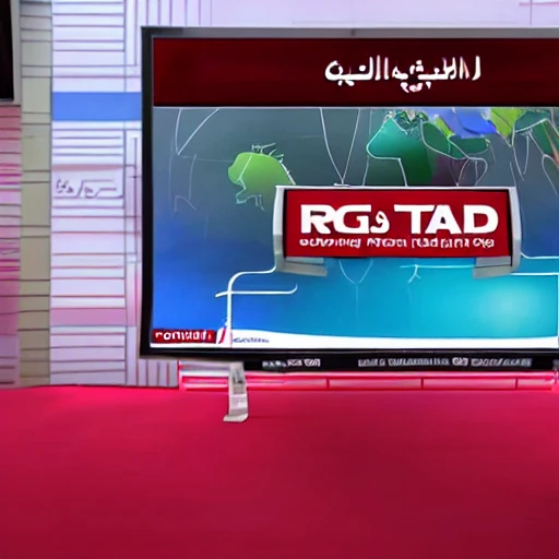 TV screen of news program, Reporting from Qatar, logo in the red line on lower third, CGI, Detailed and Intricate