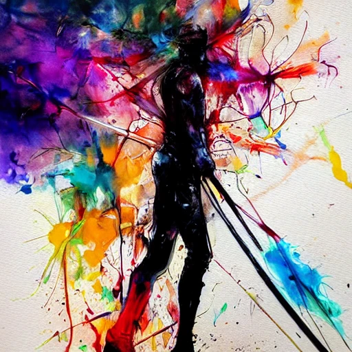 colourful painting of a Tall and thin knight on horseback with a spear by Agnes Cecile and Patrice Murciano, colour splashes, black lines,